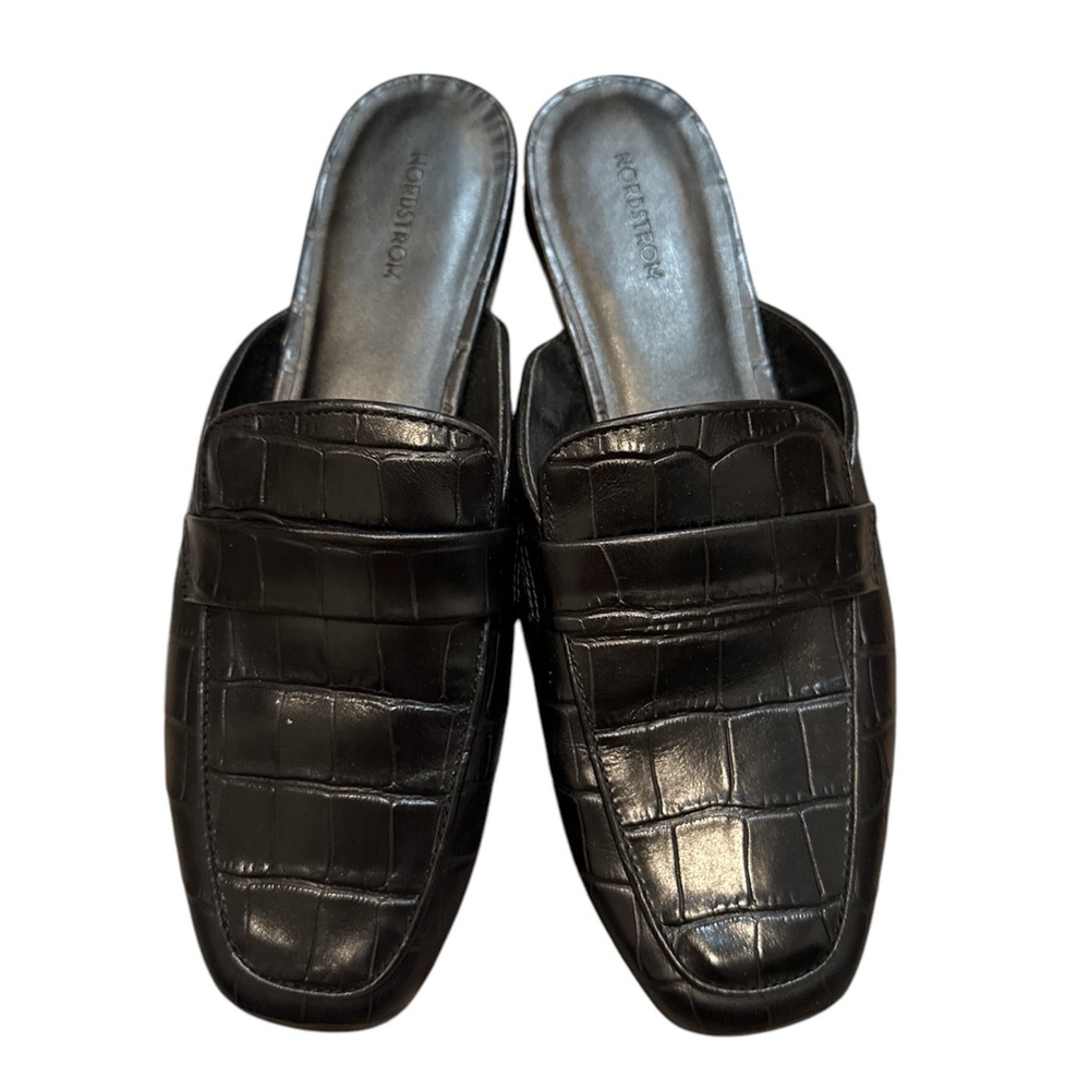 Nordstrom Black Leather Mules with Crocodile Texture